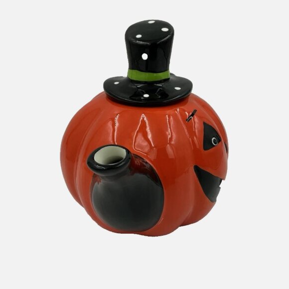 HALLOWEEN TEAPOT Pumpkin Jack O Lantern Ceramic Polka Dot Hat BRAND-NEW - Picture 3 of 9
